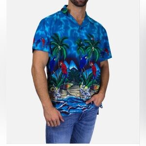 V.H.O. Blue and Green Casual Button Down Hawaiian Front Pocket shirt